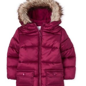 The Childrens Place Burgundy Puffer Jacket with Faux Fur Hood